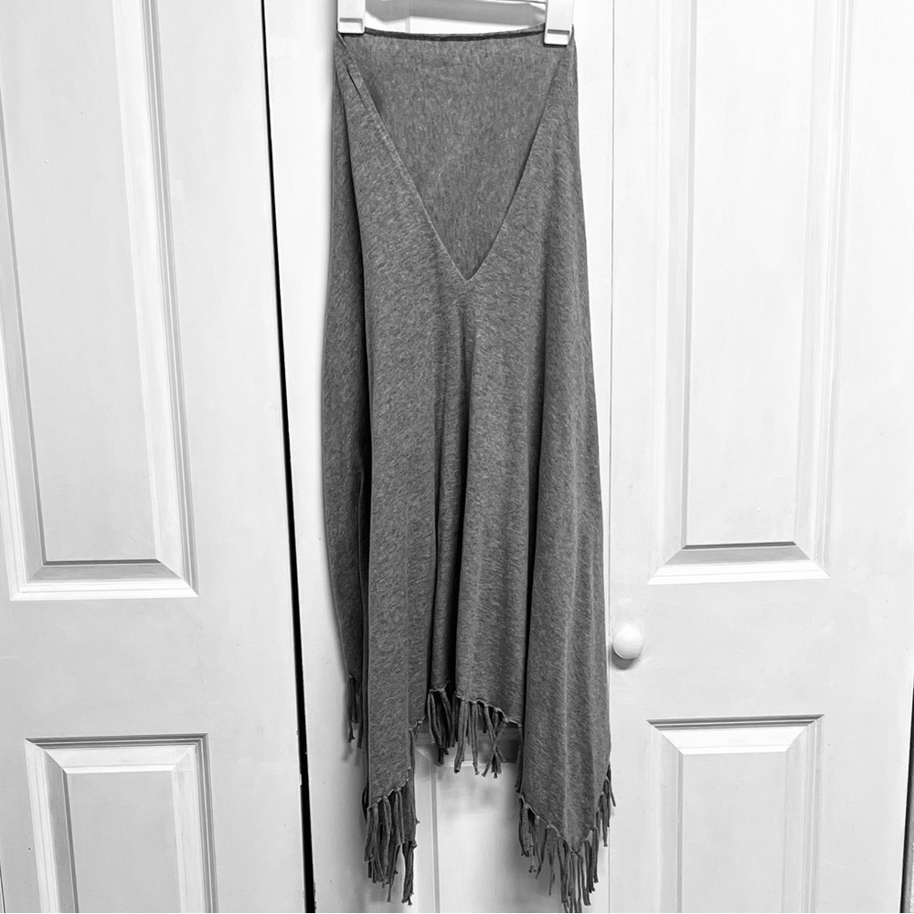 Minnie Rose Gray Fringe V-Neck Poncho Wrap Scarf